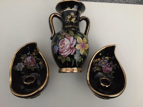Uniek vintage vaasje met 2 kandelaars, randen met 24k goud., Antiek en Kunst, Antiek | Vazen, Ophalen of Verzenden