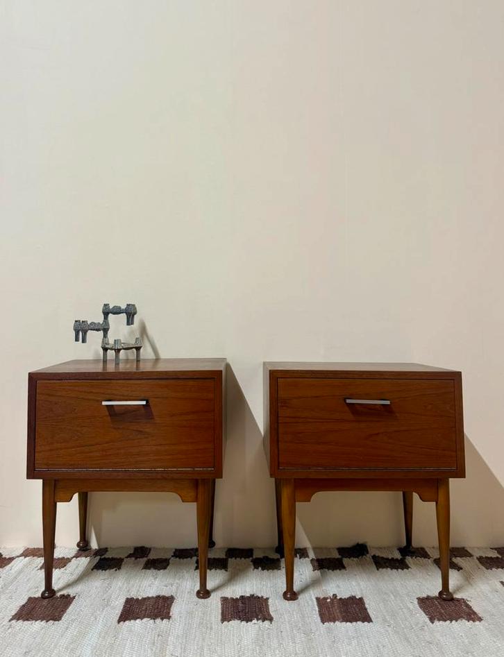 Vintage set nachtkastjes fineer teak retro chrome hout, Huis en Inrichting, Slaapkamer | Nachtkastjes, Gebruikt, Minder dan 55 cm