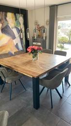 Vierkante 160x160 mangohouten eettafel, Gebruikt, Overige materialen, Industrieel modern, 150 tot 200 cm