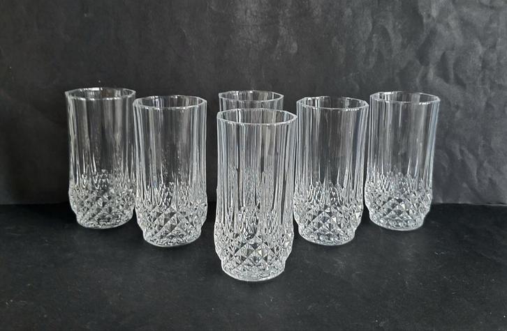 Cristal D'arques 6 kristallen longdrinkglazen.Type Longchamp, Verzamelen, Glas en Borrelglaasjes, Zo goed als nieuw, Overige typen