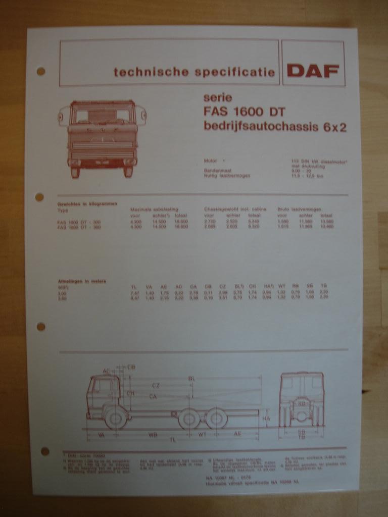 DAF FAS 1600 DT Technische Specificatie folder 1975 – 6x2, Boeken, Ophalen of Verzenden, Zo goed als nieuw, Overige merken, DAF