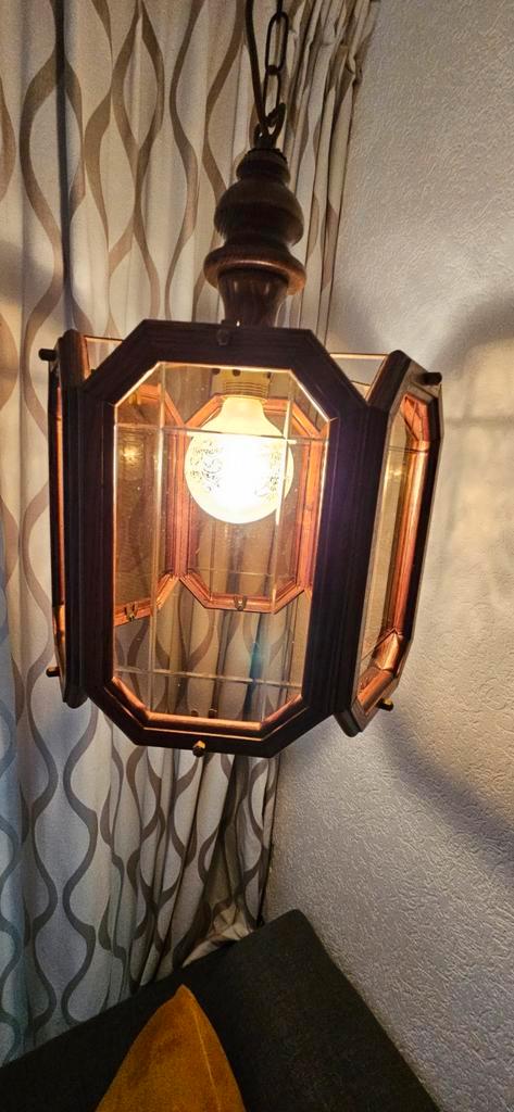 Houten Hanglamp met Rookglas, Huis en Inrichting, Lampen | Hanglampen, Gebruikt, Minder dan 50 cm, Glas, Hout, Ophalen of Verzenden