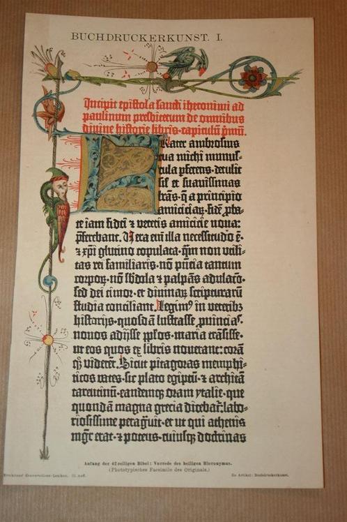 Antieke kleurenlitho - Pagina uit Gutenberg bijbel - 1885 !!, Antiek en Kunst, Kunst | Litho's en Zeefdrukken, Ophalen of Verzenden