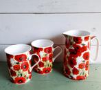 kan + twee mokken met klaprozen, Huis en Inrichting, Keuken | Servies, Ophalen of Verzenden, Zo goed als nieuw, Overige stijlen