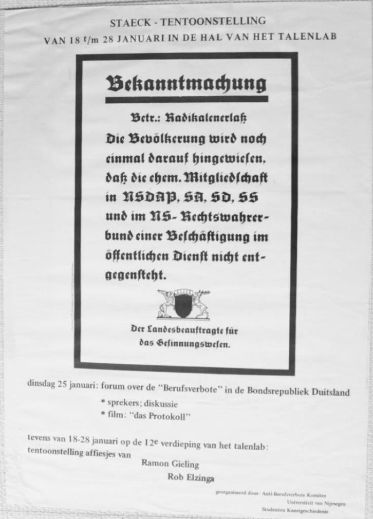 Affiche: discussie over Beroepsverboden met K. Staeck ,1974, Verzamelen, Posters, Gebruikt, Overige onderwerpen, A1 t/m A3, Rechthoekig Staand