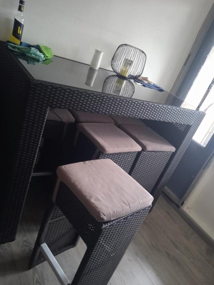 Bartafel met 6 stoelen - Wicker look, Tuin en Terras, Tuintafels, Zo goed als nieuw, Rechthoekig, Wicker, Ophalen of Verzenden
