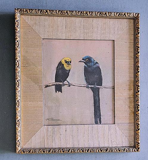 Twee vogels op een tak, Antiek en Kunst, Kunst | Schilderijen | Klassiek, Ophalen of Verzenden