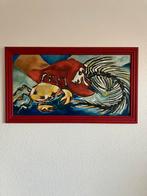 Uniek schilderij “zee thema ‘ krab en vis 60x35 cm, Antiek en Kunst, Ophalen of Verzenden