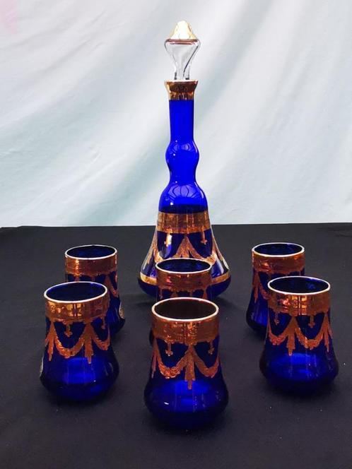 Murano Italiaanse Handgeblazen Karaf 6 glazen 24K gouden, Antiek en Kunst, Antiek | Glas en Kristal, Ophalen of Verzenden