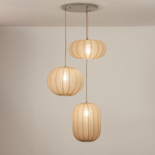 taupe 3 lampion japandi hanglamp hoekbank tafel vide lampen, Huis en Inrichting, Lampen | Hanglampen, Nieuw, 75 cm of meer, Stof