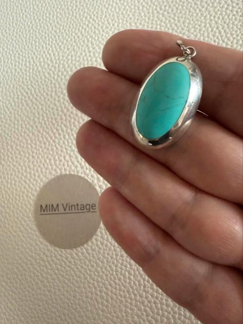 S178/ Zilveren Ovale TURKOOIZEN Hanger, Sieraden, Tassen en Uiterlijk, Kettinghangers, Gebruikt, Zilver, Blauw, Overige voorstellingen