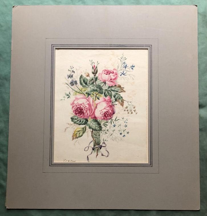 Aquarel bloemen rozen 19e eeuw, Antiek en Kunst, Kunst | Schilderijen | Klassiek, Ophalen of Verzenden