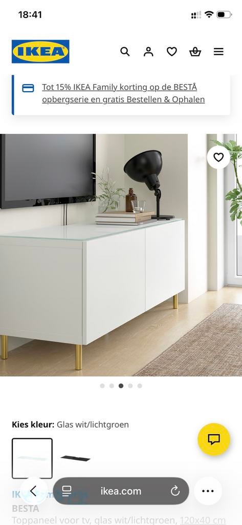 BESTÅ Toppaneel voor tv, glas wit/lichtgroen, 120x40 cm, Ophalen, Besta, 100 tot 150 cm, Minder dan 100 cm