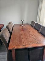 Houten tafel met 6 leren stoelen, Ophalen of Verzenden, Rechthoekig, 200 cm of meer, 50 tot 100 cm