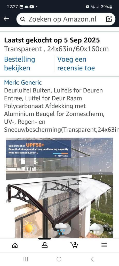 Luifel polycarbonaat transparant 160cm x 60cm zwart frame, Doe-het-zelf en Verbouw, Overige Doe-het-zelf en Verbouw, Nieuw, Ophalen