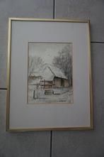 Ingelijste aquarel: wintertafereel Wim Roeters Handgesigneer, Ophalen of Verzenden