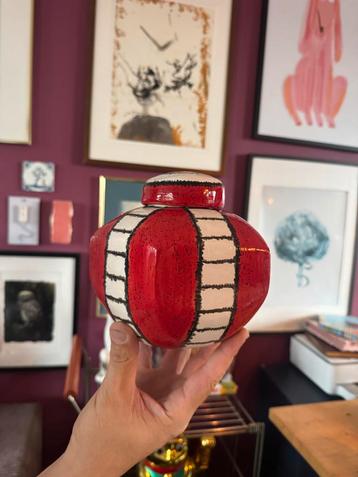 Vintage Keramieken Pot met Deksel - Rood/Wit Design beschikbaar voor biedingen