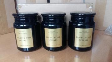 6 kaarsen in sterke glazen pot, Sandalwood Sparkle H-14cm