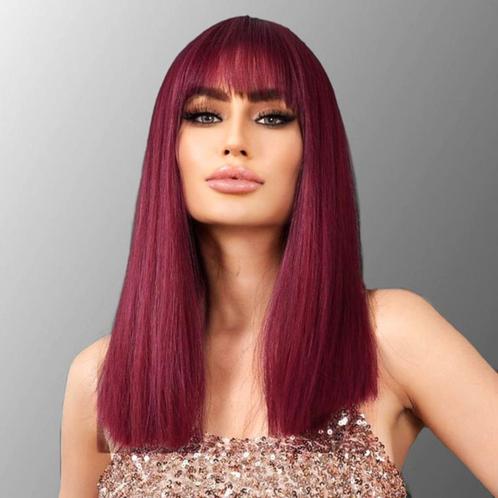 Pruik schouderlang steil haar met pony wijnrood, Sieraden, Tassen en Uiterlijk, Uiterlijk | Haarverzorging, Nieuw, Pruik of Haarverlenging