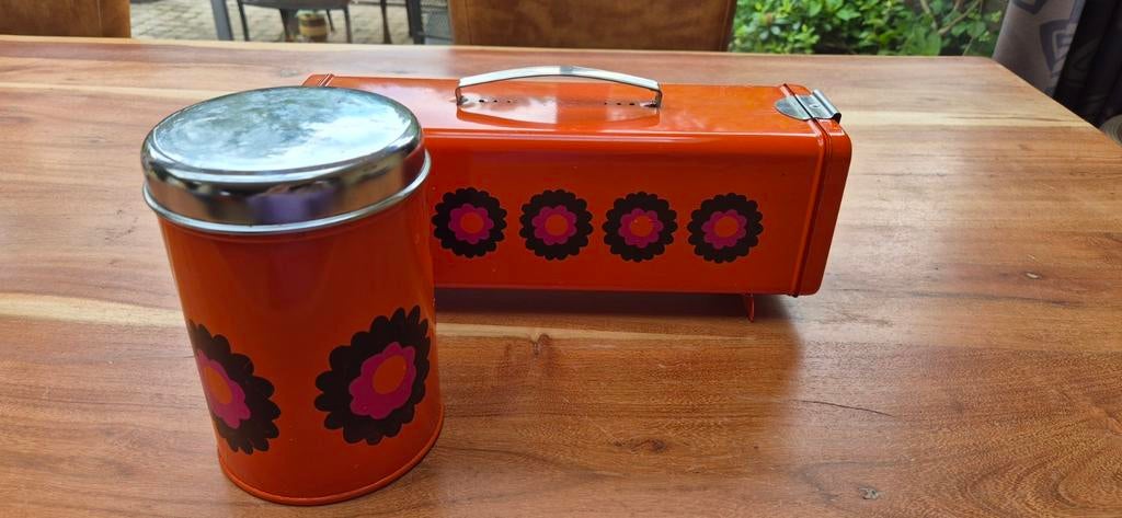 Vintage Oranje ontbijkoektrommel en Voorraadbus 70s, Ophalen of Verzenden