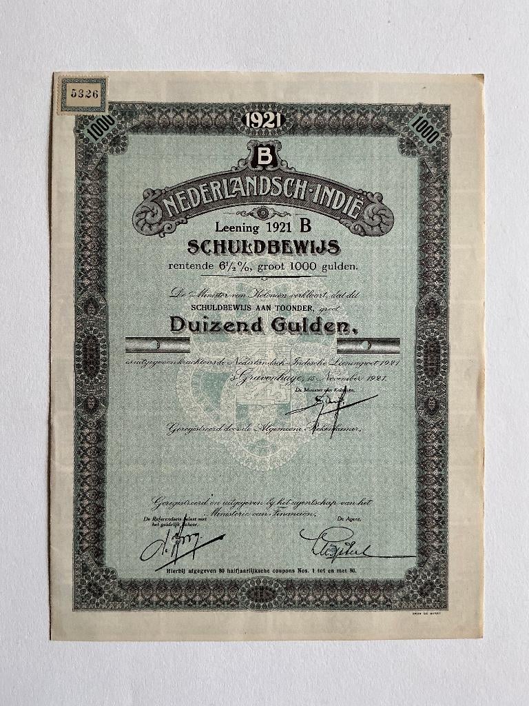 6½% Nederlands-Indië 1921B, 1000 Gulden, Specimen, Postzegels en Munten, Aandelen en Waardepapieren, Ophalen of Verzenden, 1920 tot 1950