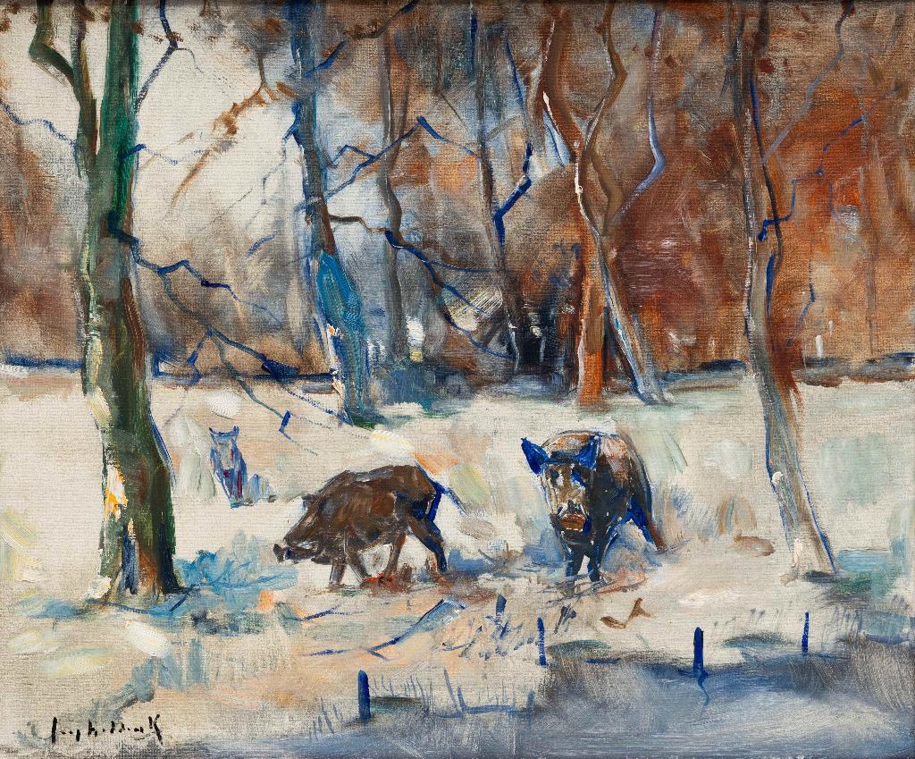 Jaap Hiddink (1910-2000), Wilde zwijnen in de sneeuw, Antiek en Kunst, Ophalen of Verzenden