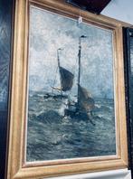 Bomschuiten in de branding voor de kust bij Katwijk, Antiek en Kunst, Kunst | Schilderijen | Klassiek, Ophalen of Verzenden