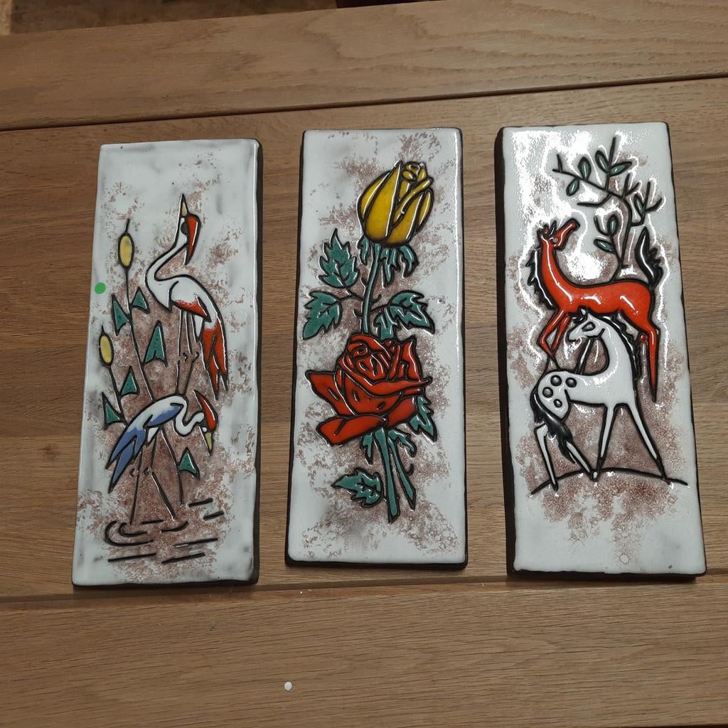 3 vintage Ruscha Keramiek reliëf wandtegels in lava stijl, Antiek en Kunst, Ophalen of Verzenden