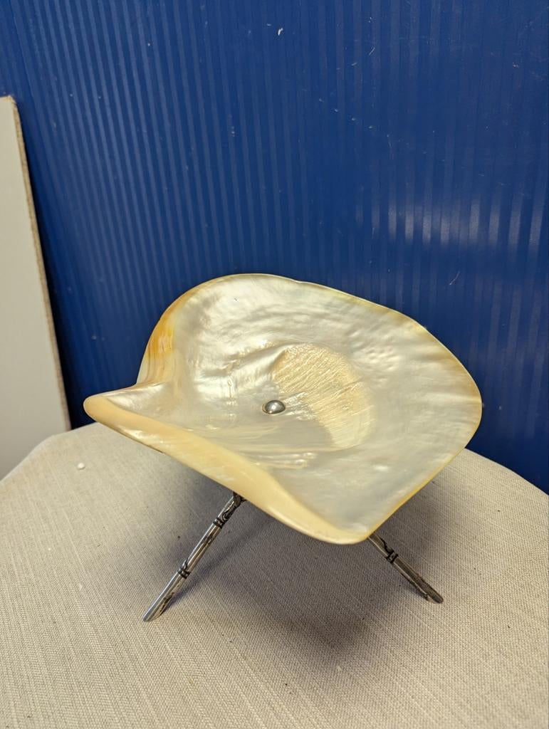 Decoratieve Parelmoer bonbon schaal met Zilveren Bamboe Voet, Antiek en Kunst, Ophalen of Verzenden