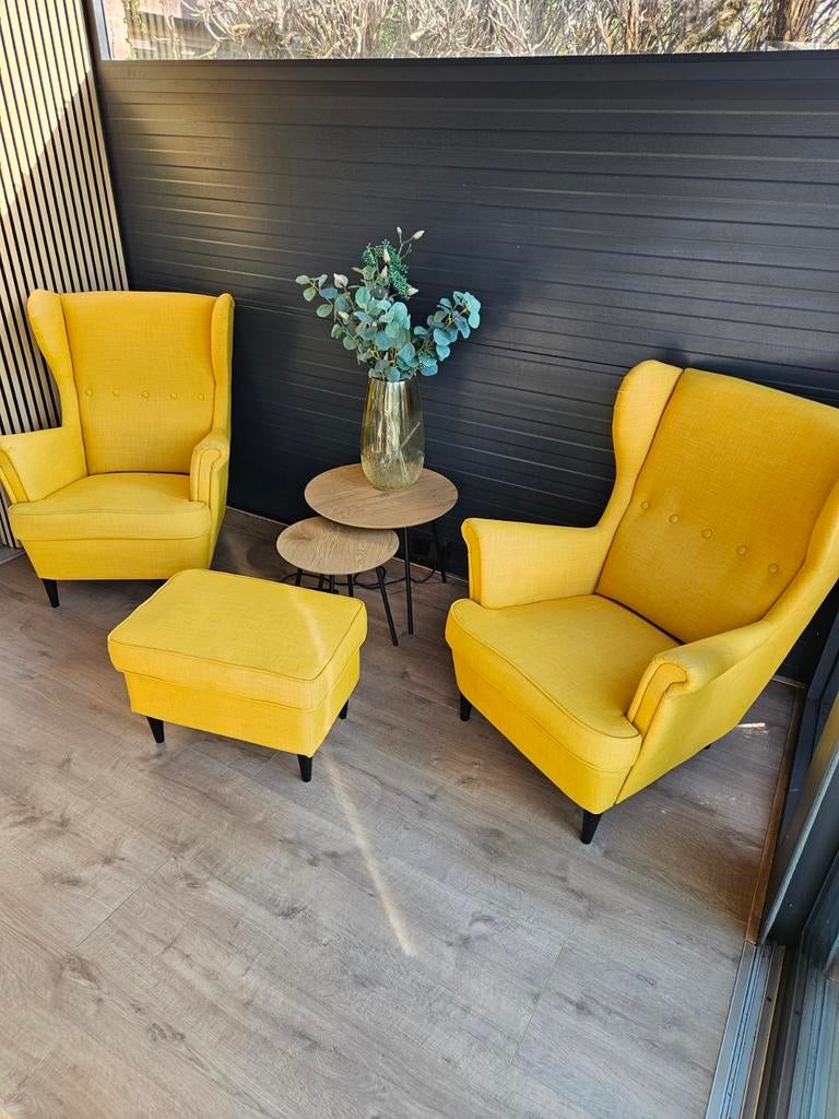 2 Gele Fauteuils met 1 voetenbank - Comfortabel en Stijlvol, Huis en Inrichting, Fauteuils, Modern, Comfortabel, 75 tot 100 cm