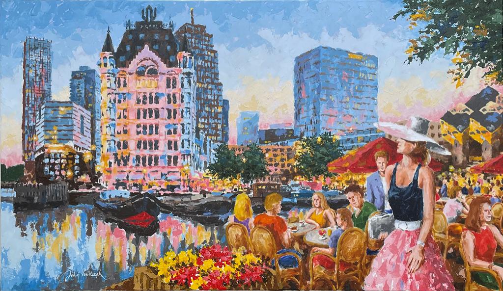 Schilderij Oude Haven Rotterdam 120x70cm, Antiek en Kunst, Ophalen of Verzenden