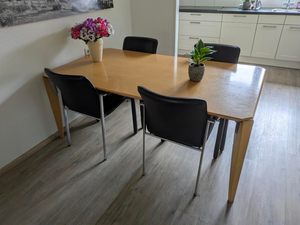 Eettafel met 4 blauwe leren stoelen, Huis en Inrichting, Tafels | Eettafels, Ophalen, Gebruikt