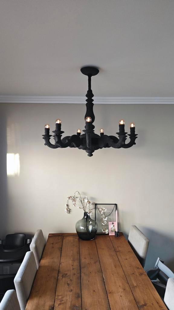 Prachtige zwarte antraciet houten kroonluchter (90 cm), Huis en Inrichting, Lampen | Kroonluchters, Zo goed als nieuw, Hout, Ophalen