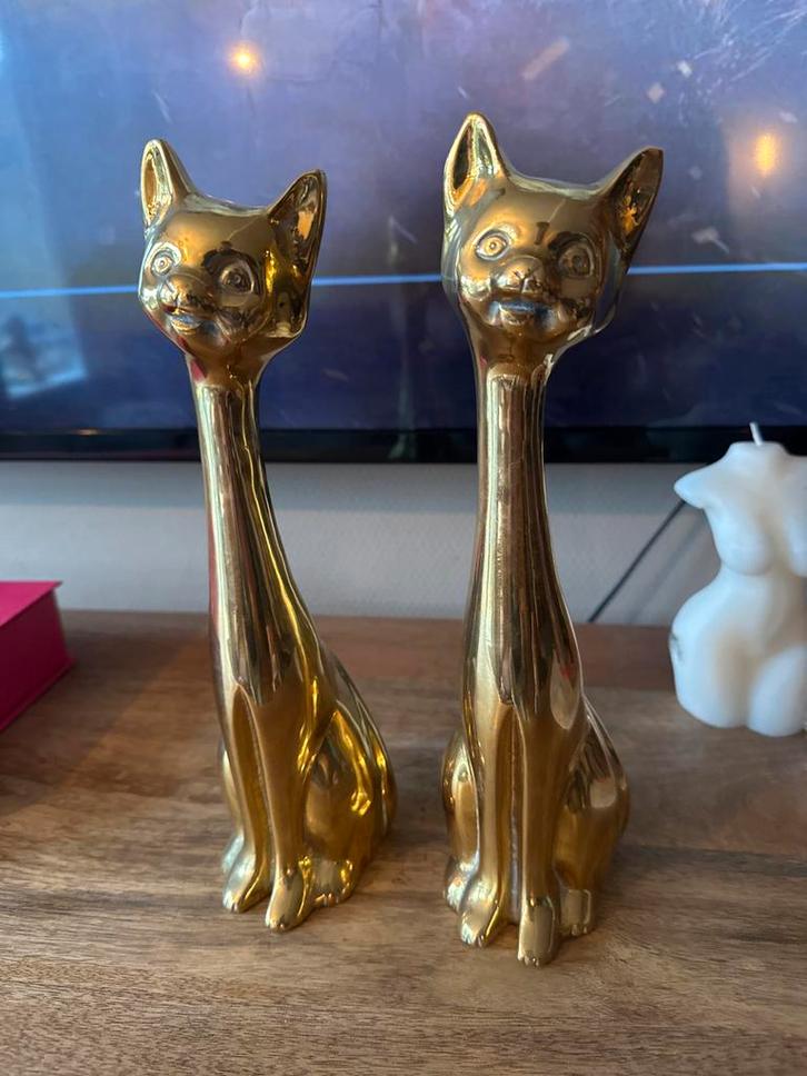 Antieke jaren '70 messing katten beeldjes - Set van 2, Antiek en Kunst, Antiek | Woonaccessoires, Ophalen