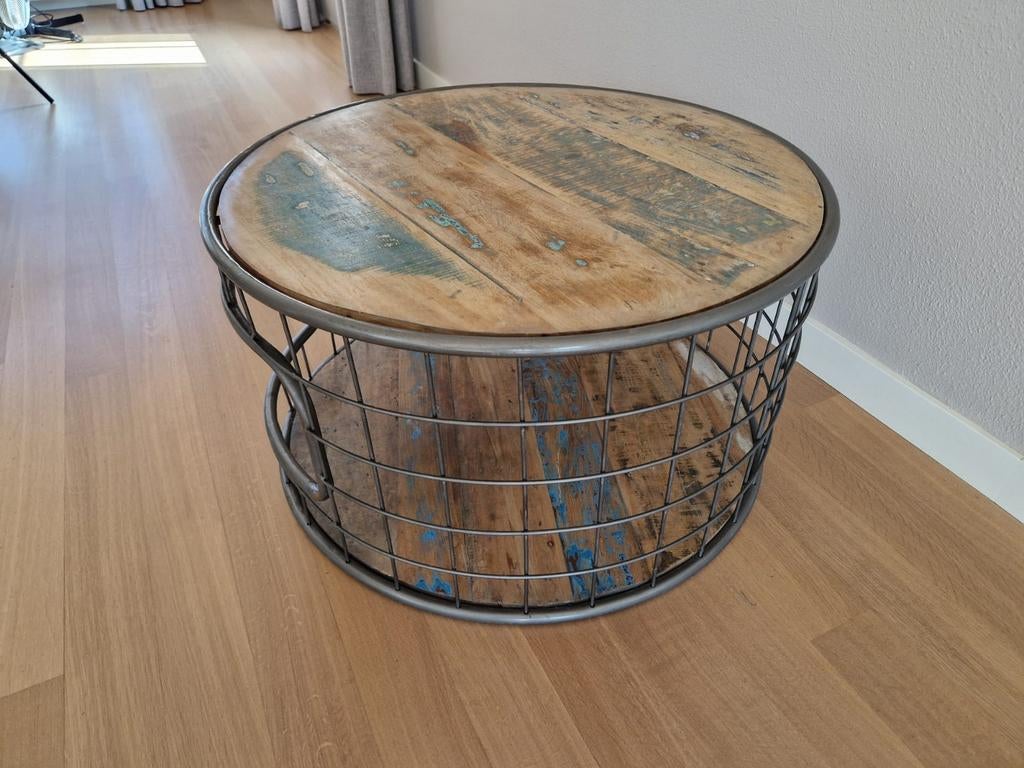 Ronde salontafel met houten blad en metalen frame, Ophalen, 50 tot 100 cm, Rond, 50 tot 100 cm