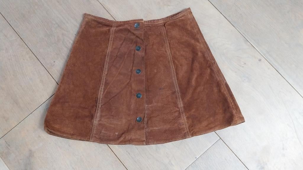 Bruin leren rokje, maat 42. Attention, varkensleer., Bruin, Maat 42/44 (L), Gedragen, Boven de knie