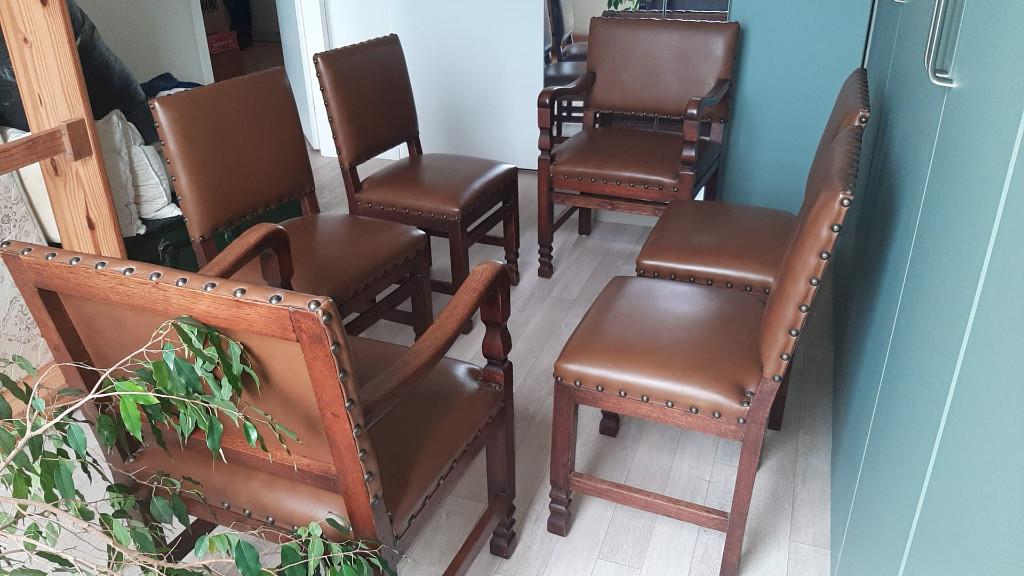 6 antieke eetkamerstoelen leer massief eiken, Huis en Inrichting, Stoelen, Ophalen, Gebruikt, Bruin, Leer