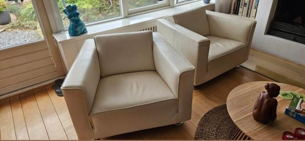 Gelderland design fauteuils, off white leder, Huis en Inrichting, Fauteuils, Ophalen