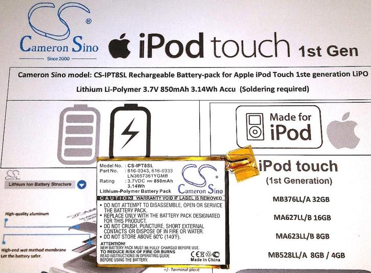 Apple Ipod Touch 1 Cameron SINO CS-IPT8SL 3.7V 850mA Accu, Audio, Tv en Foto, Mp3-spelers | Accessoires | Apple iPod, Nieuw, Voeding