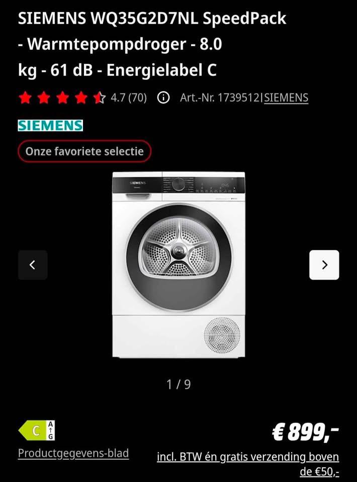 Warmtepomp droger 8kg Siemens, Witgoed en Apparatuur, 6 tot 8 kg, Ophalen, Zo goed als nieuw, 85 tot 90 cm