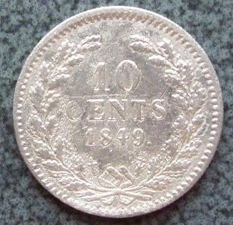 Zilveren dubbeltje - 10 cent 1849. - Bodemvondst. -, Koning Willem III, Verzenden, Zilver, 10 cent