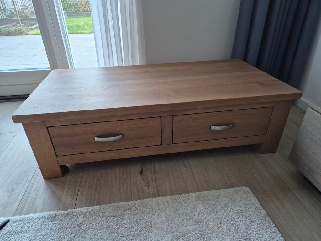 Salontafel massief eiken van Goossens 140 x 40 x 70 cm, Huis en Inrichting, Tafels | Salontafels, Ophalen, Gebruikt, 100 tot 150 cm