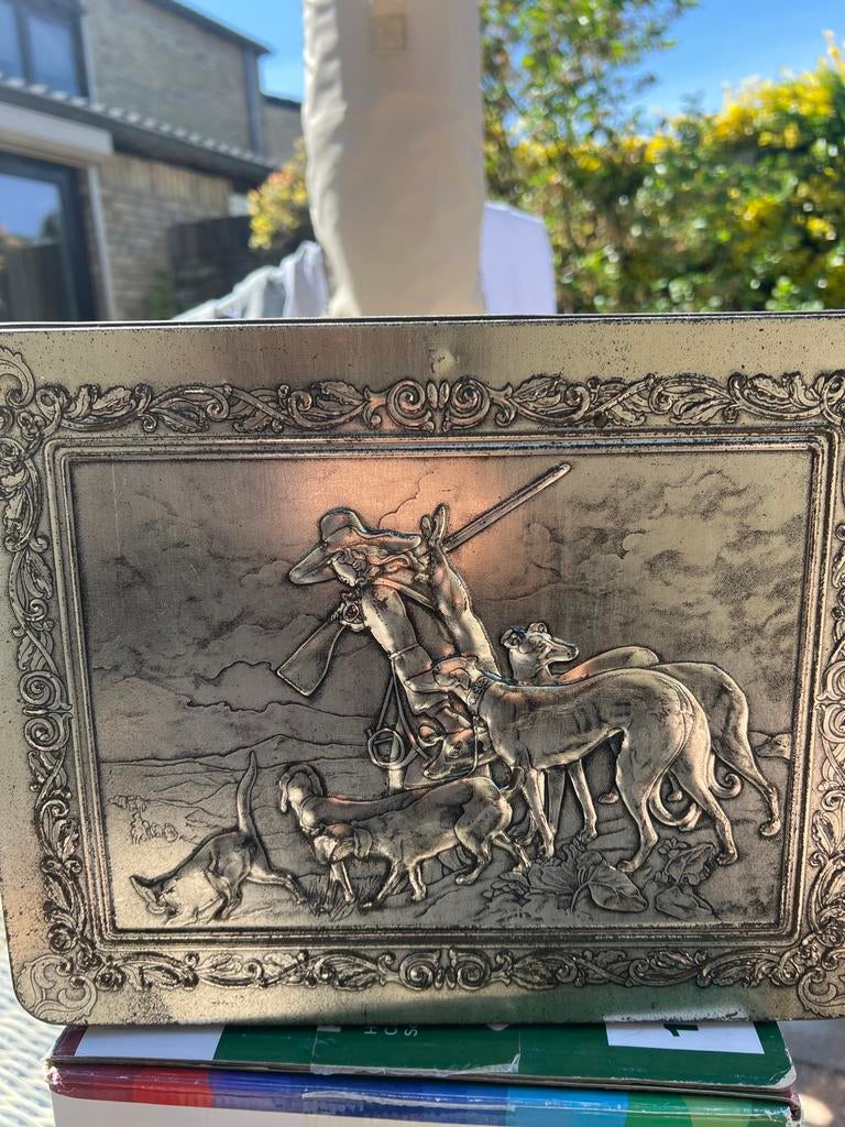 Vintage metalen doos met jachttafereel en herten, Ophalen of Verzenden