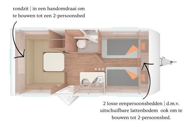 Weinsberg CaraOne 480 uit 2022 incl. voortent & fietsdrager, Caravans en Kamperen, Overige merken, Particulier, 2 aparte bedden