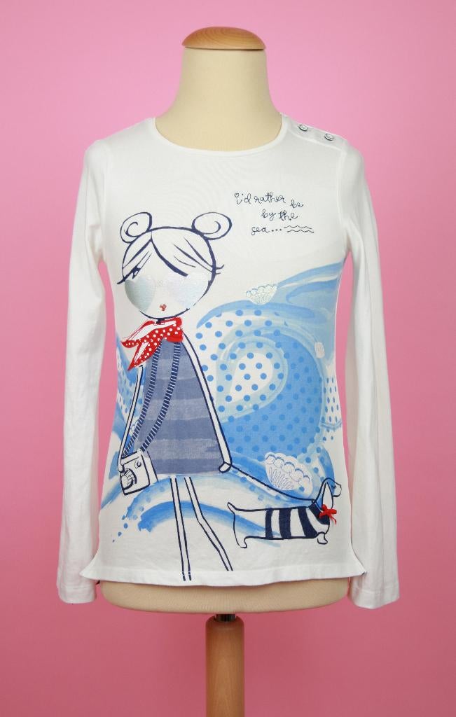 Mothercare longsleeve wit met blauwe print maat 134/140, Kinderen en Baby's, Gebruikt, Meisje, Ophalen of Verzenden, Shirt of Longsleeve