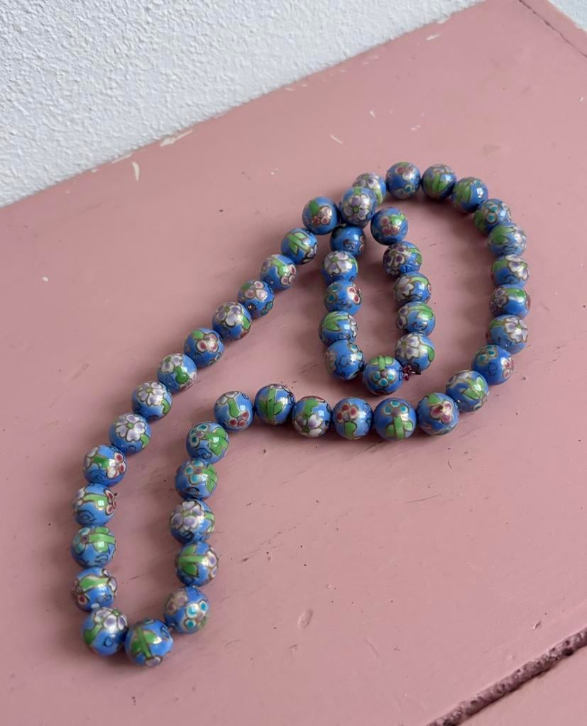 Vintage turquoise Chinese cloisonné kralenketting, Ophalen of Verzenden, Zo goed als nieuw, Blauw