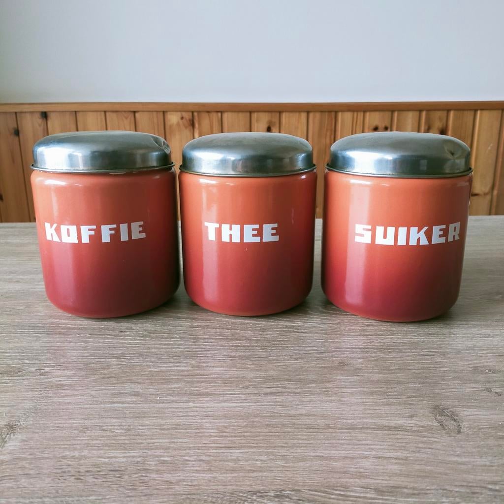 EMAILLE GEVLAMDE  /TERRACOTTA BUSSENSET., Antiek en Kunst, Antiek | Emaille, Ophalen of Verzenden