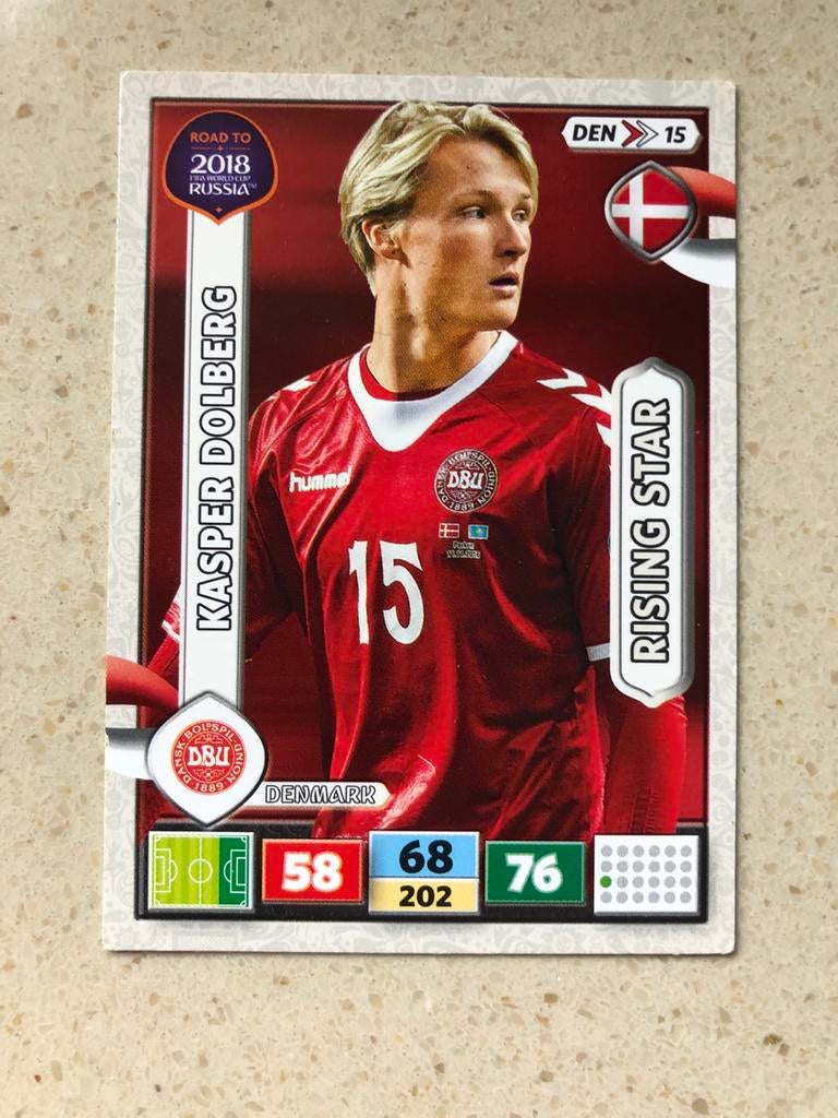 Panini Road to WK 2018 Kasper Dolberg Rising Star, Ophalen of Verzenden, Zo goed als nieuw, Buitenlandse clubs, Spelerskaart