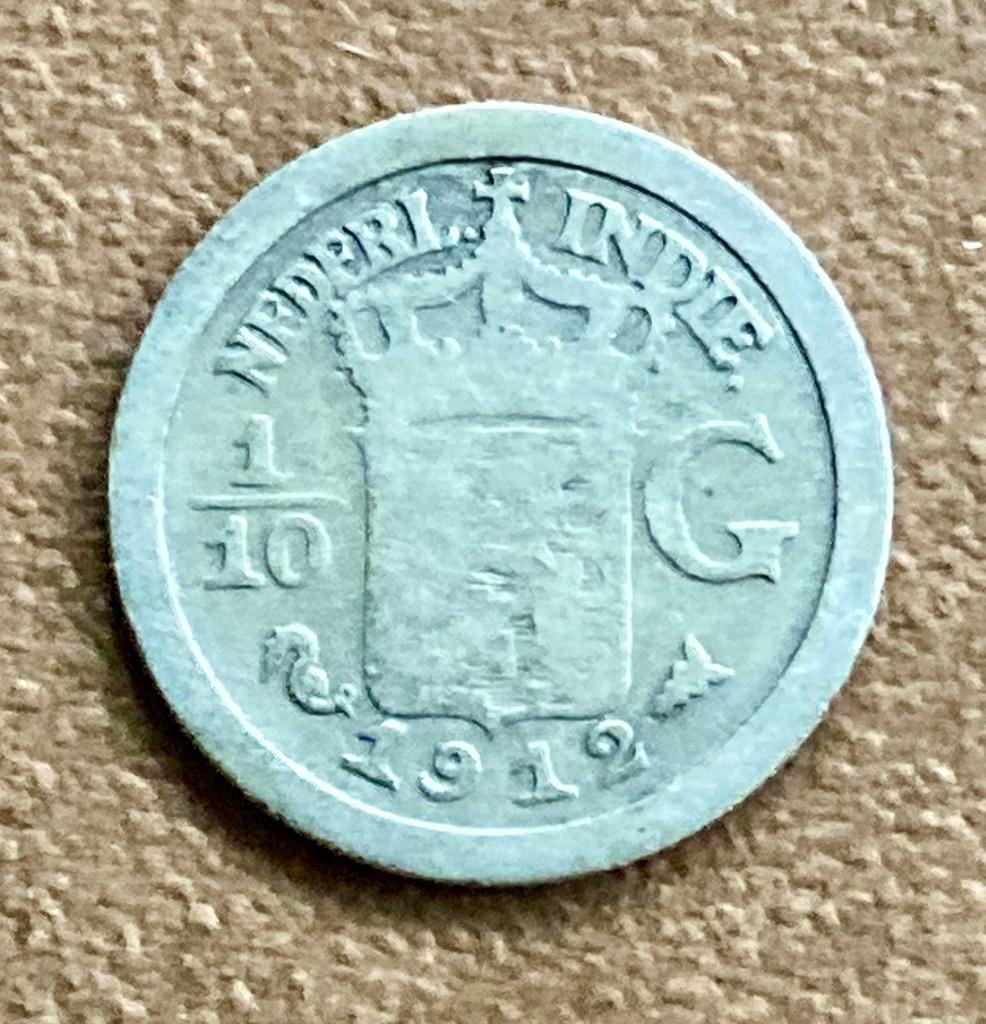 Zilveren 1/10 Gulden / dubbeltje Nederlands Indië 1912, Postzegels en Munten, Munten | Nederland, Verzenden, Zilver, 10 cent, Koningin Wilhelmina