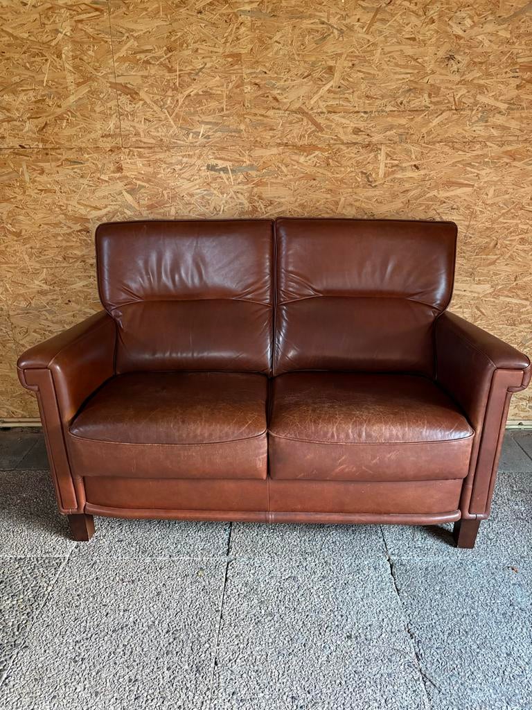 Echt Leder Elegant Art Deco Leren bankje Vintage, Ophalen, Gebruikt, Tweepersoons, Minder dan 150 cm